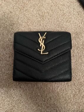 Saint Laurent inspired Black Chevron Compact Wallet with Gold YSL Emblem